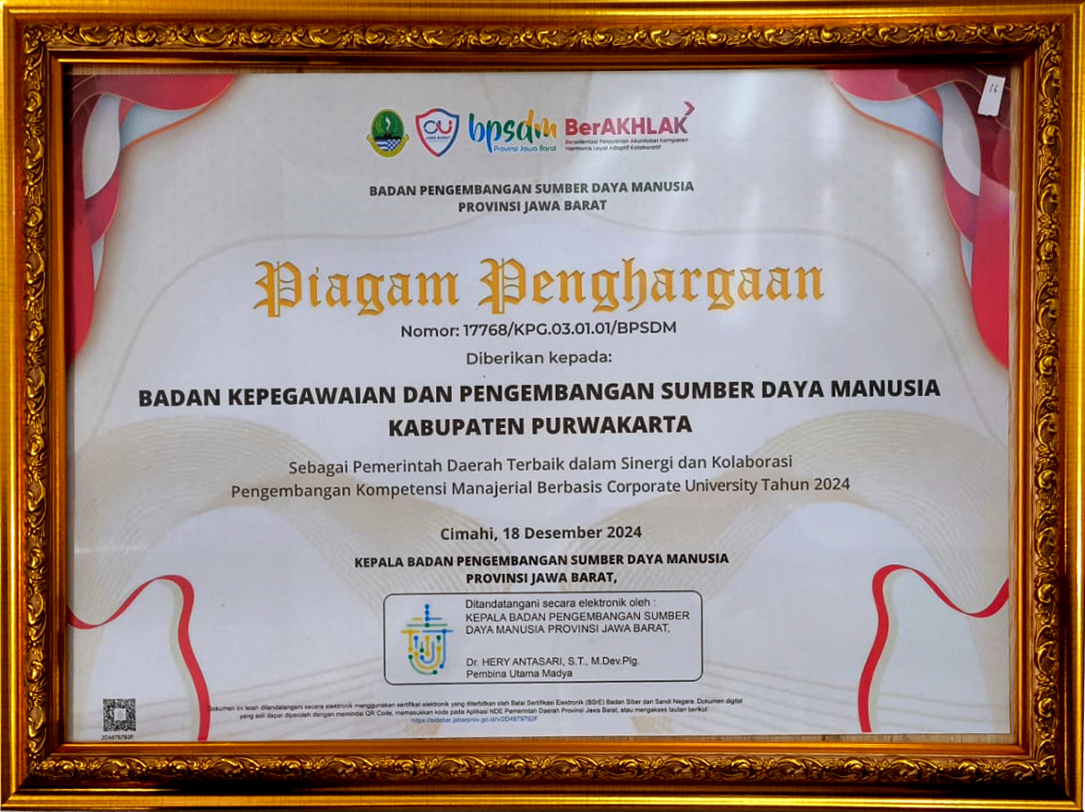 B K P S D M Purwakarta Meraih Piagam Penghargaan Sebagai Pemda Terbaik Dalam Sinergi Dan Kolaborasi Pengembangan Kompetensi Manajerial Berbasis Corporate University Tahun 2024