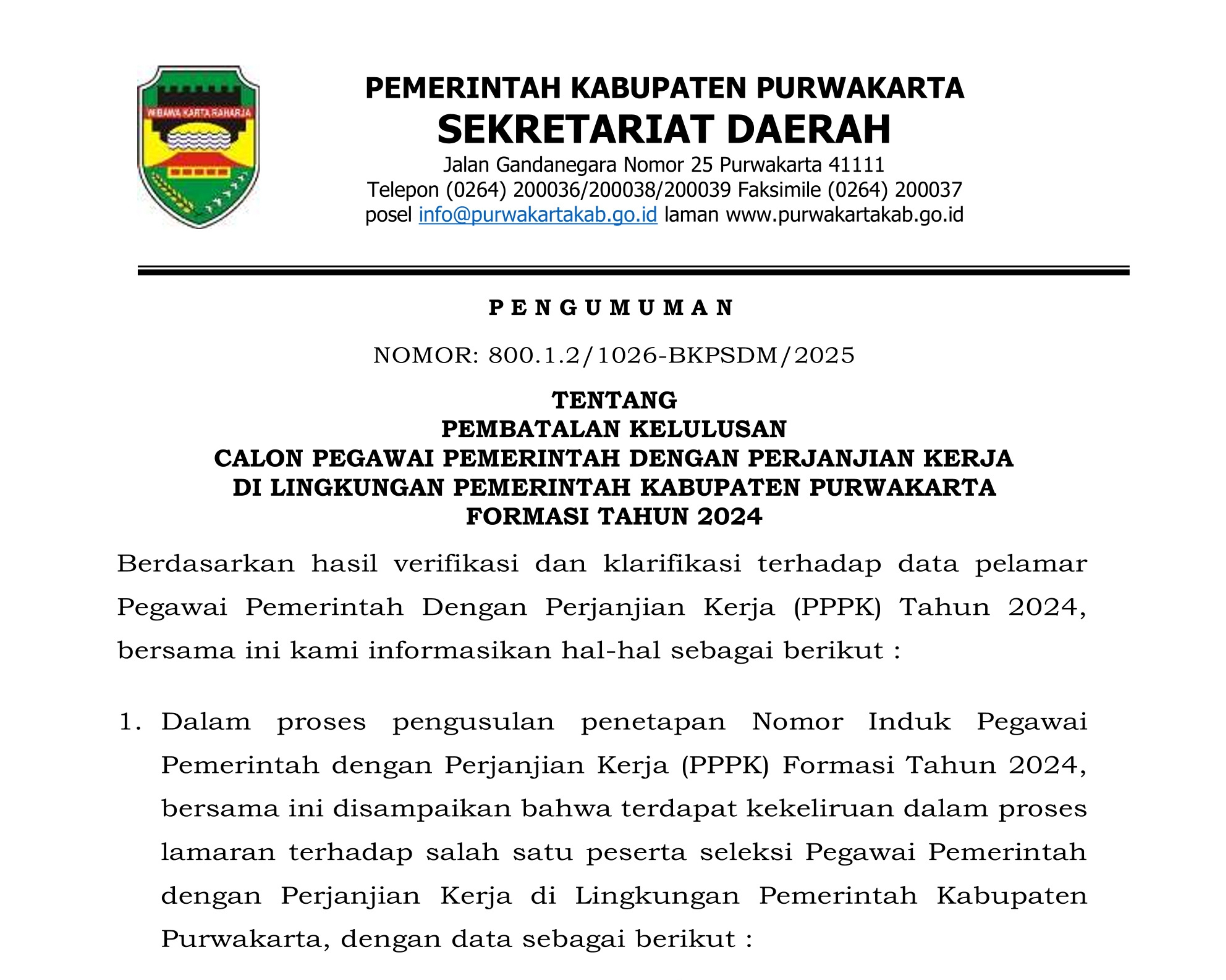 Pembatalan Kelulusan Calon P P P K Kabupaten Purwakarta Formasi Tahun 2024