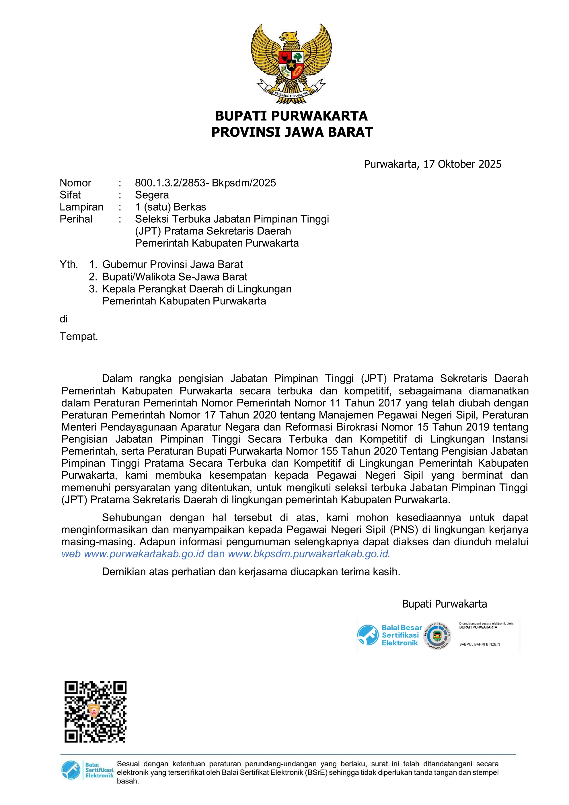 Seleksi Terbuka Jabatan Pimpinan Tinggi Pratama Sekretaris Daerah Kabupaten Purwakarta