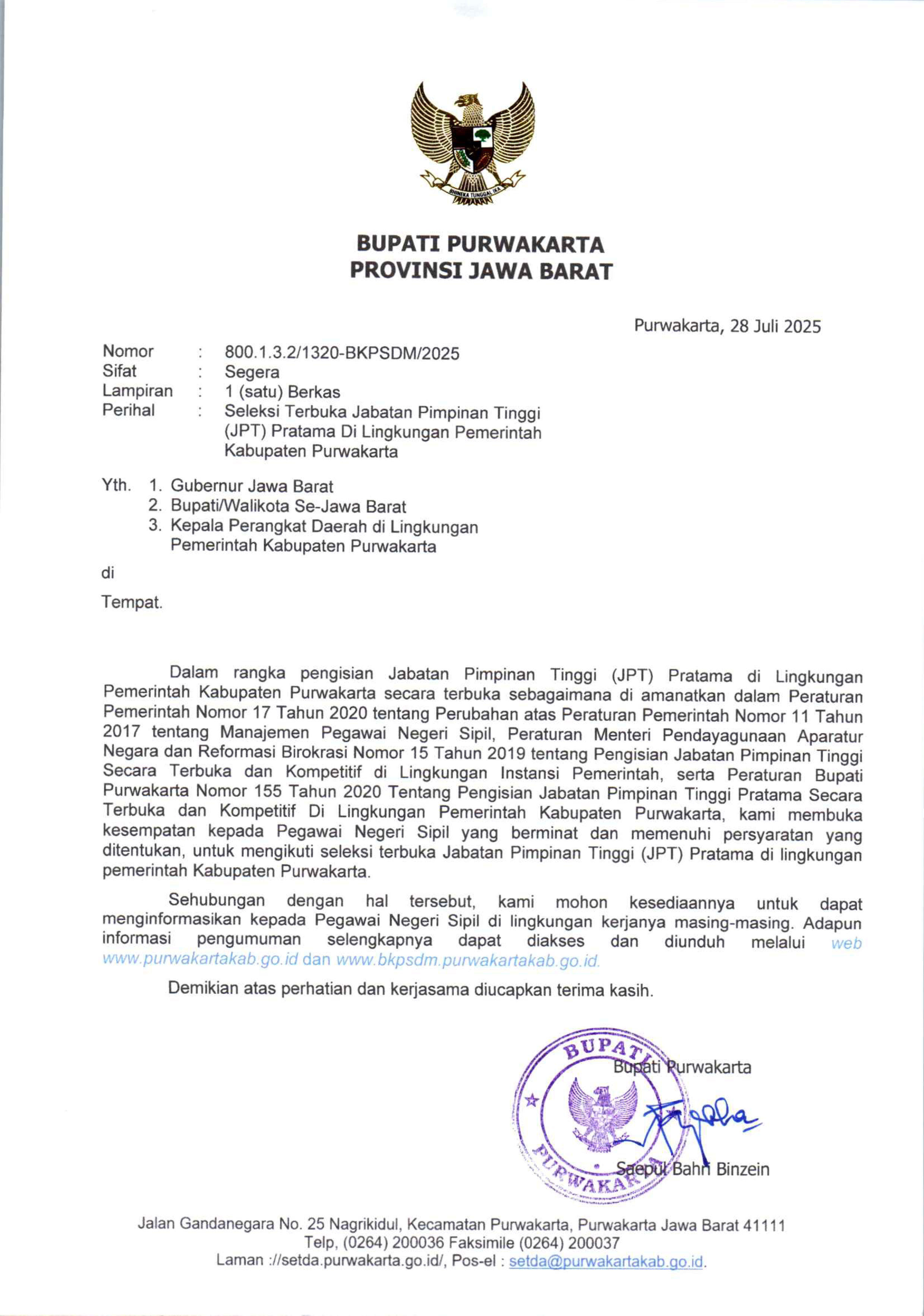 Seleksi Terbuka Jabatan Pimpinan Tinggi Pratama Dilingkungan Pemkab Purwakarta